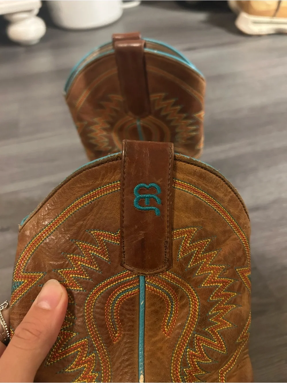 Anderson Bean Brown Kids Cowboy Boots with Turquoise Piping( left side sizing)